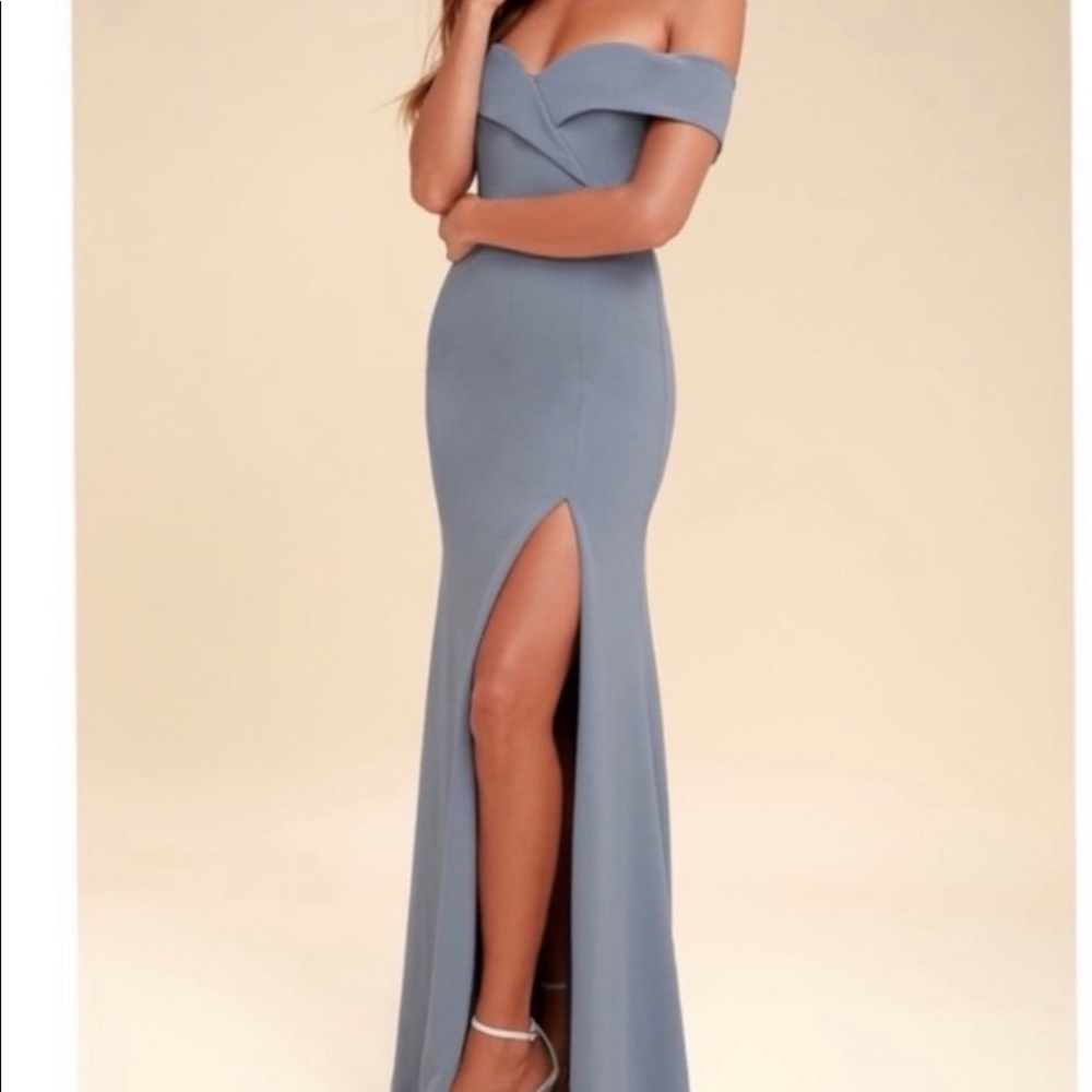 NWT Lulus Song of Love Blue Grey Off-the-Shoulder Maxi Dress Size Medium